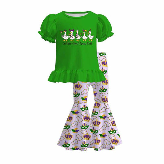 (Custom Design Preorder MOQ 5)  Goose Green Top Bell Pants Girls Mardi Gras Clothes Set