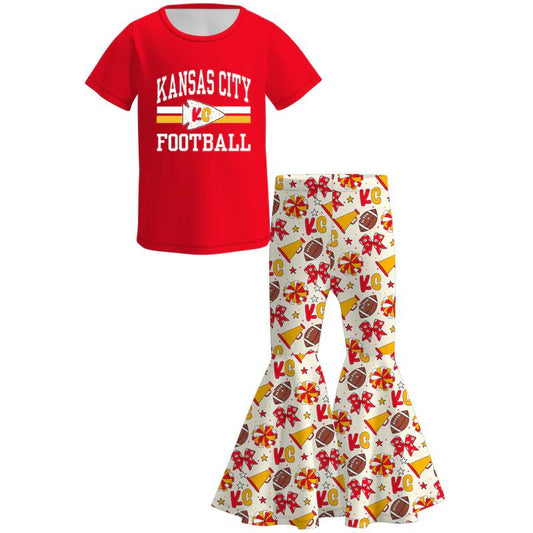 (Custom Design Preorder MOQ 5)  Team's KC Red Top Bell Pants Girls Clothes Set