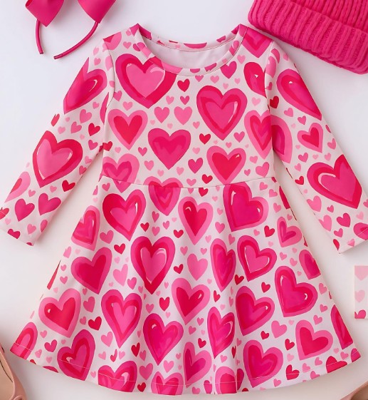 (Custom Design Preorder MOQ 5) Pink Red Hearts Print Girls Valentine's Day Knee Length Dress