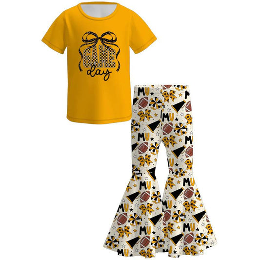 (Custom Design Preorder MOQ 5)  Team's MU GAME DAY Yellow Top Bell Pants Girls Clothes Set