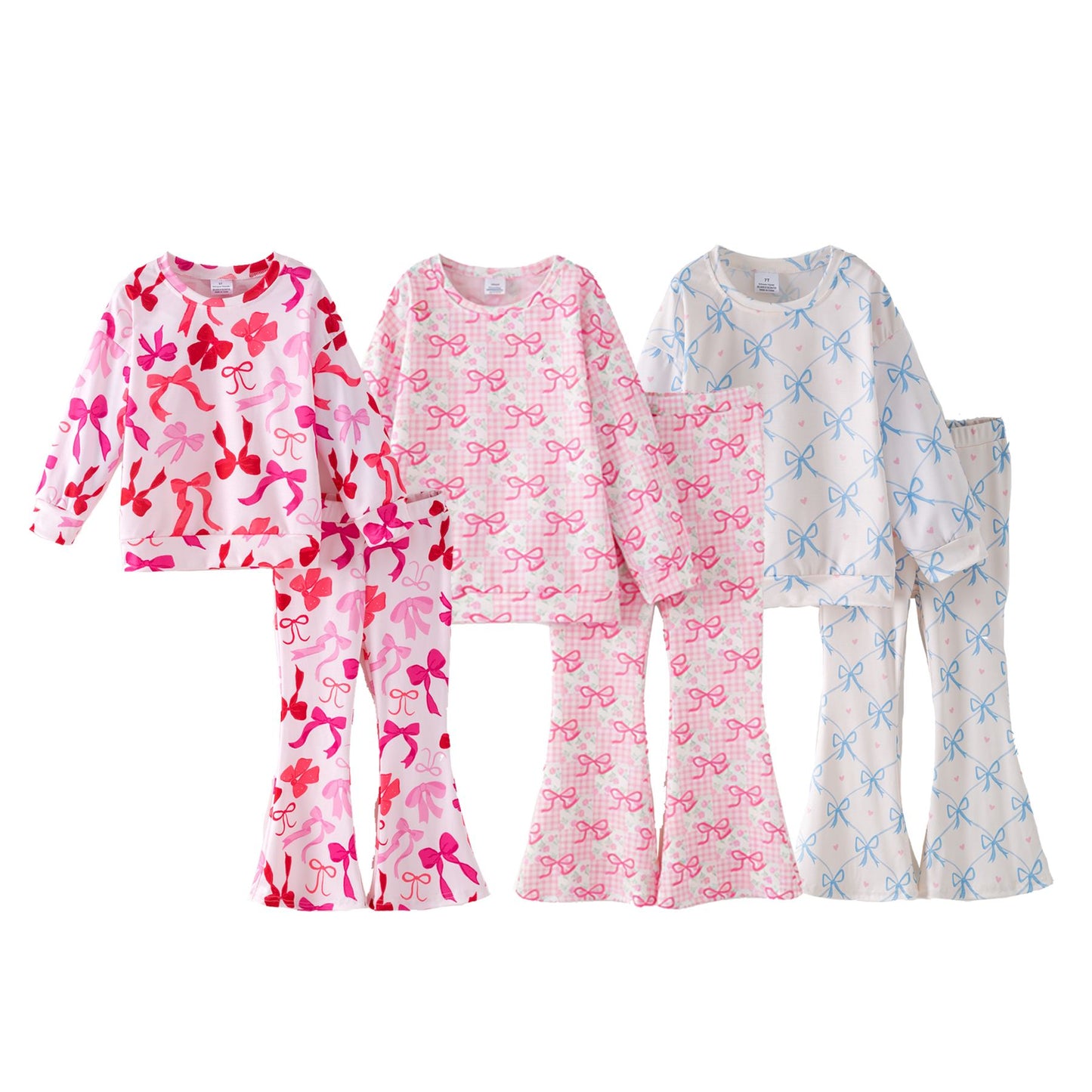 (Custom Design Preorder MOQ 5) Bows Hearts Print Girls Valentine's Day Clothes Set Sisters Wear