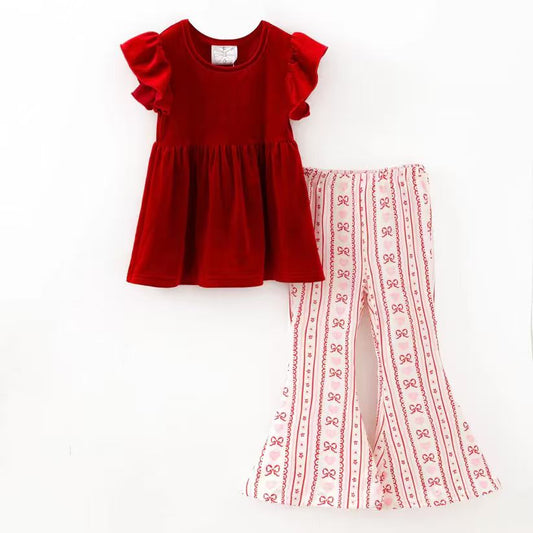 (Custom Design Preorder MOQ 5)  Red Velvet Top Hearts Bows Bell Pants Girls Valentine's Day Clothes Set
