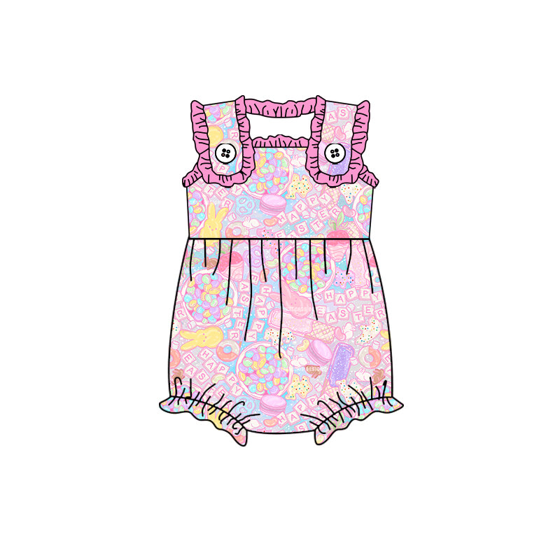 (Custom Design Preorder MOQ 5) Colorful Macaron Bunny Print Baby Girls Easter Romper