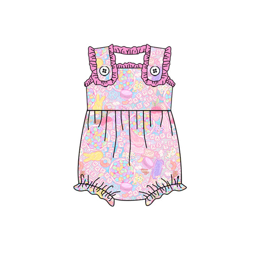 (Custom Design Preorder MOQ 5) Colorful Macaron Bunny Print Baby Girls Easter Romper