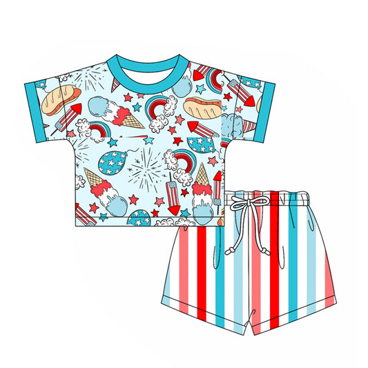 2.24(Custom Design Preorder MOQ 5) Rainbow Stars Top Stripes Shorts Kids 4th of July Clothes Set