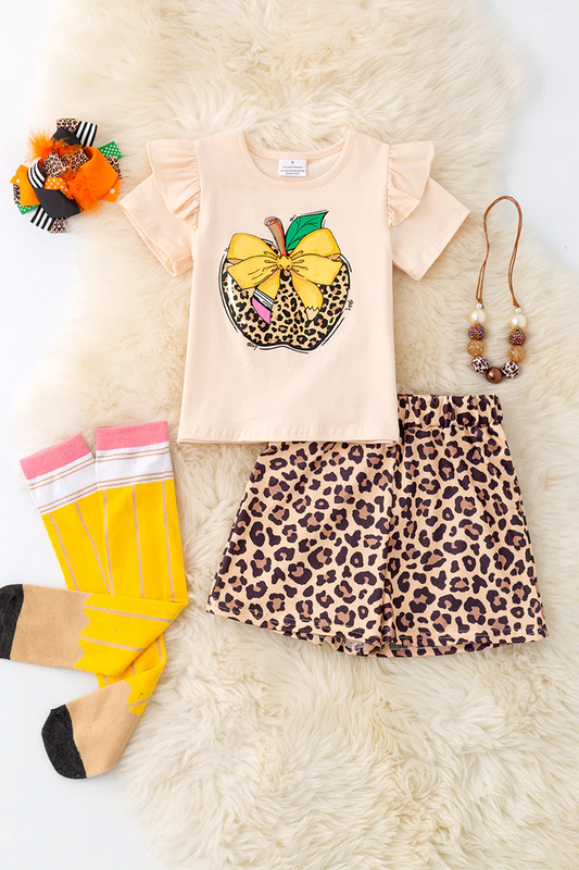 (Custom Design Preorder MOQ 5) Apple Top Leopard Skirts Girls Back to School Clothes Set