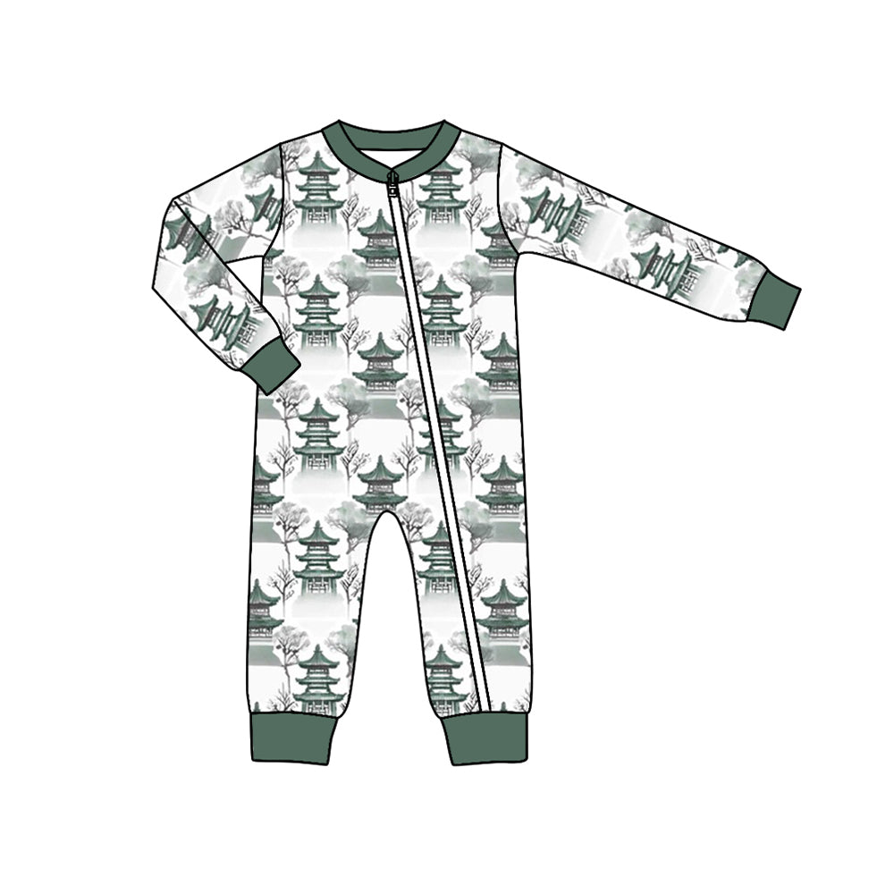 (Custom Design Preorder MOQ 5) Chinese Pavilions Print Baby Boys Sleeper Zipper Romper