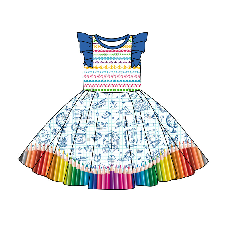 (Custom Design Preorder MOQ 5) Pens Print Girls Knee Length Back to School Dress