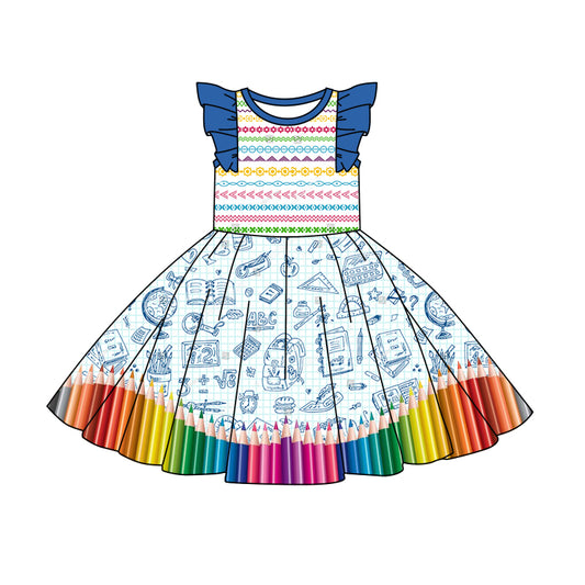 (Custom Design Preorder MOQ 5) Pens Print Girls Knee Length Back to School Dress