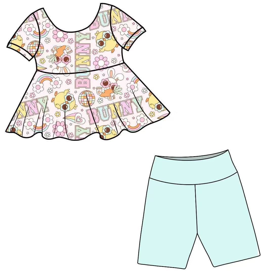 (Custom Design Preorder MOQ 5)  Bunny Flowers Rainbow Top Blue Shorts Girls Easter Clothes Set