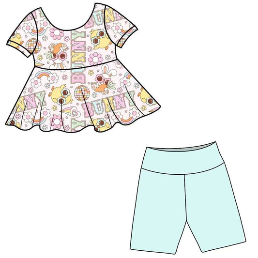 (Custom Design Preorder MOQ 5)  Bunny Flowers Rainbow Top Blue Shorts Girls Easter Clothes Set