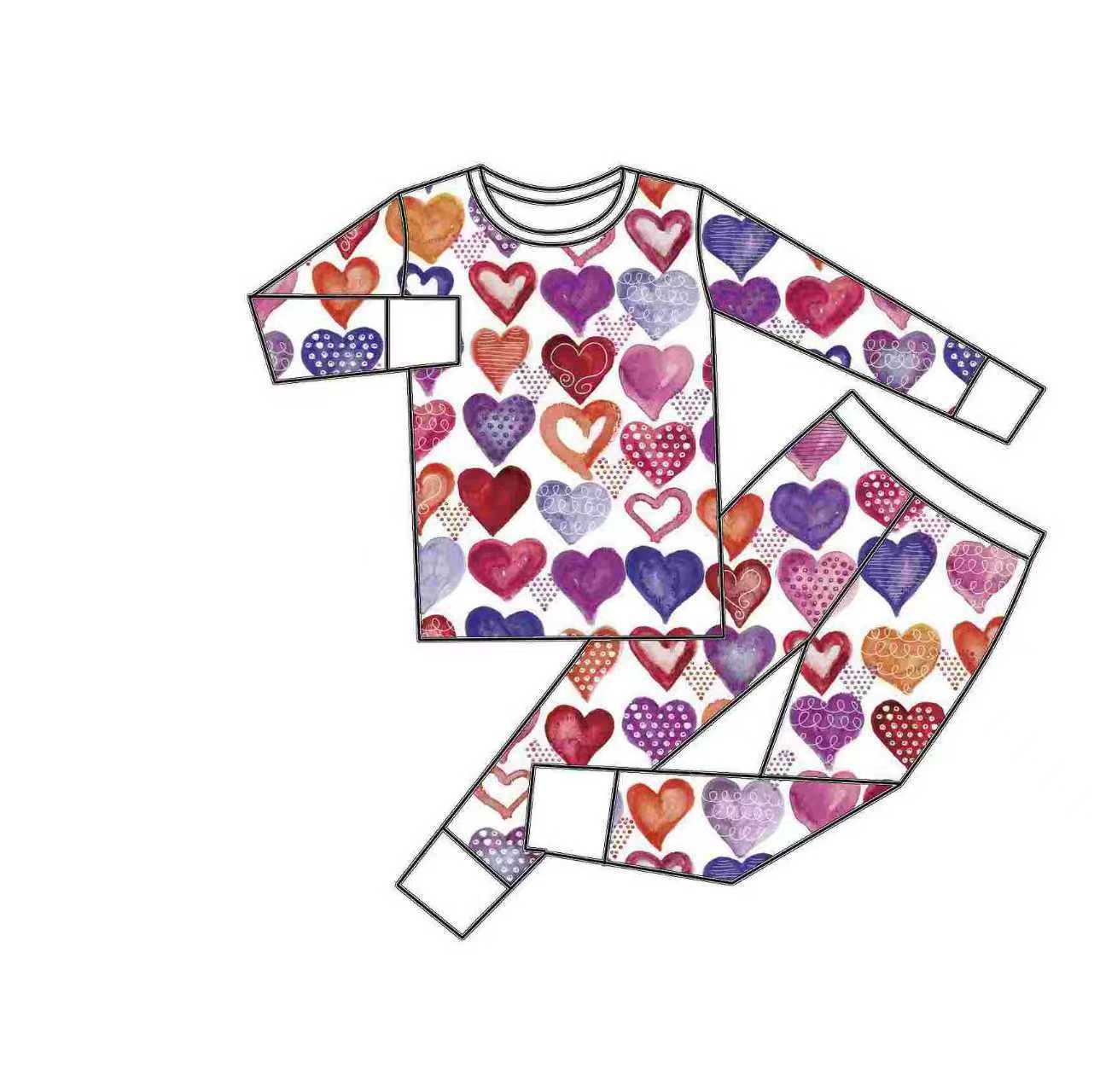 (Custom Design Preorder MOQ 5)  Colorful Hearts Print Girls Valentine's Day Pajamas Clothes Set