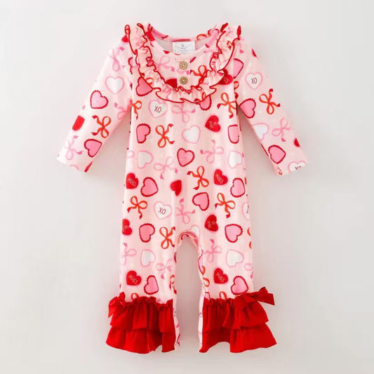 (Custom Design Preorder MOQ 5) XOXO Hearts Bows Print Baby Girls Valentine's Day Romper