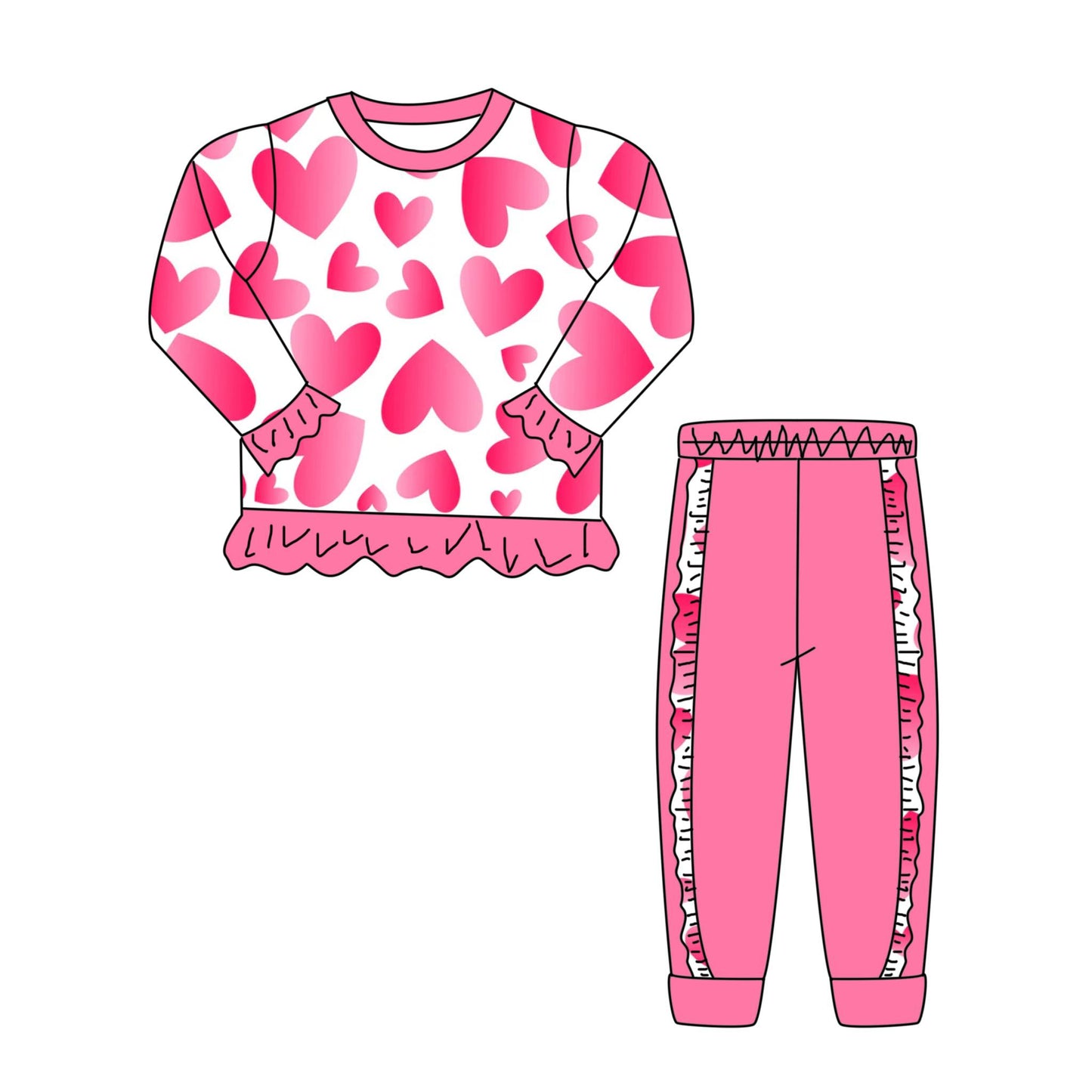 (Custom Design Preorder MOQ 5) Pink Hearts Top Ruffle Pants Girls Valentine's Day Clothes Set