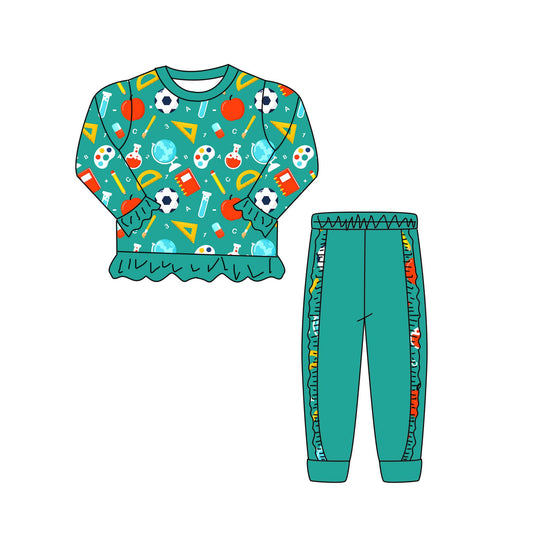 (Custom Design Preorder MOQ 5) Pen Rule Apple Top Green Ruffle Pants Girls Back to School Clothes Set