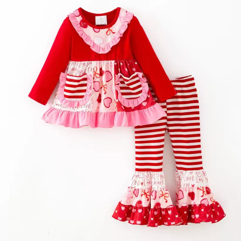 (Custom Design Preorder MOQ 5)  XOXO Hearts Bows Pockets Tunic Top Bell Pants Girls Valentine's Day Clothes Set