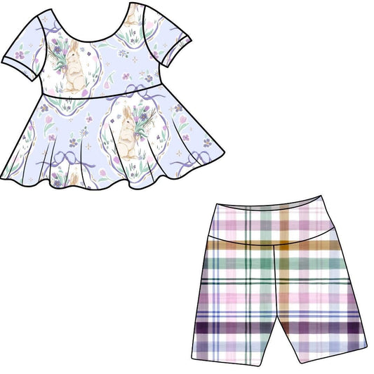 (Custom Design Preorder MOQ 5)  Bunny Flowers Bows Top Plaid Shorts Girls Easter Clothes Set