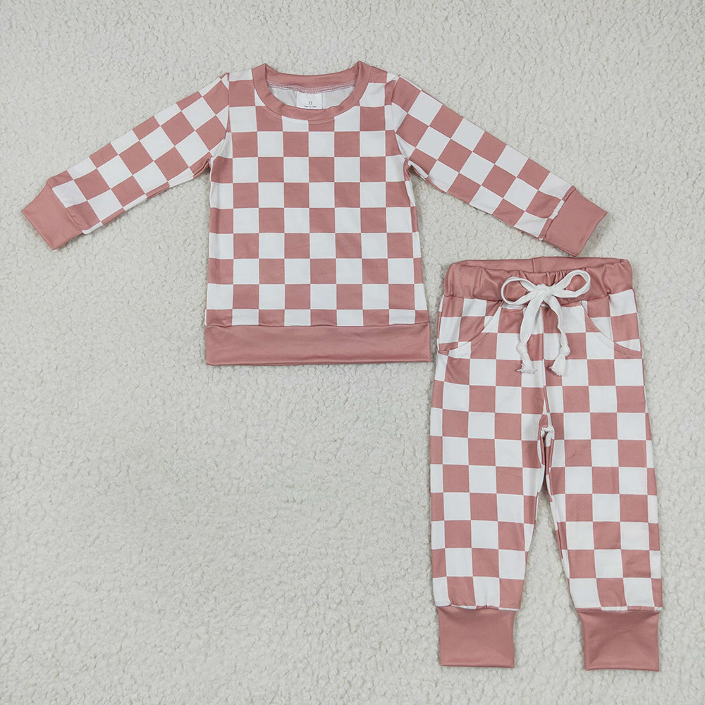 (Promotion)4 Colors Plaid Print Kids Fall Pajamas Clothes Set Sibling Wear