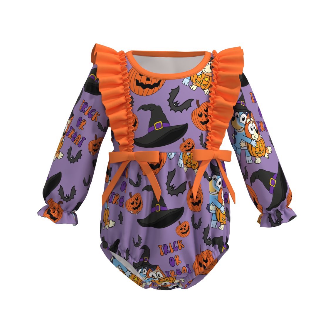 (Custom Design Preorder MOQ 5) Cartoon Dog Pumpkin Hat Print Baby Girls Halloween Romper