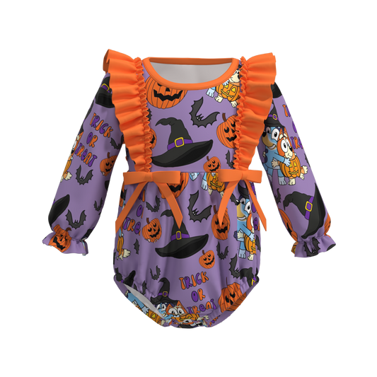 (Custom Design Preorder MOQ 5) Cartoon Dog Pumpkin Hat Print Baby Girls Halloween Romper