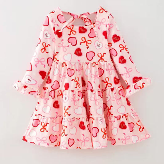 (Custom Design Preorder MOQ 5) XOXO Hearts Bows Print Girls Valentine's Day Knee Length Dress