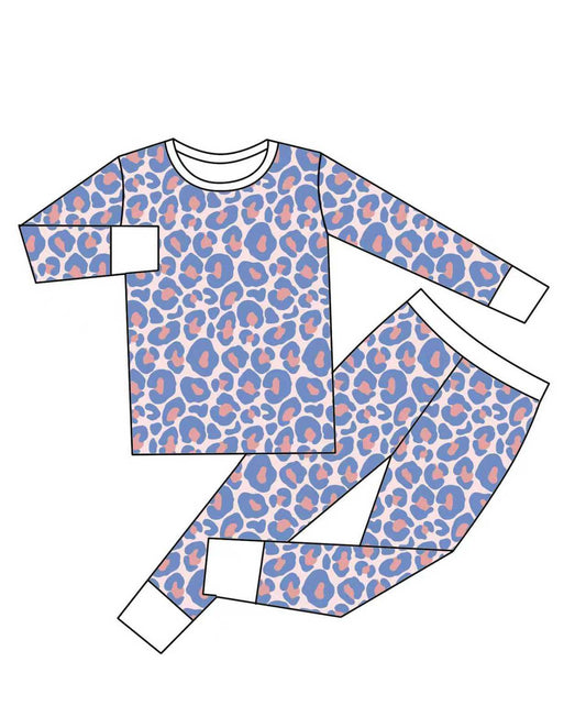 (Custom Design Preorder MOQ 5)  Blue Leopard Print Girls Pajamas Clothes Set