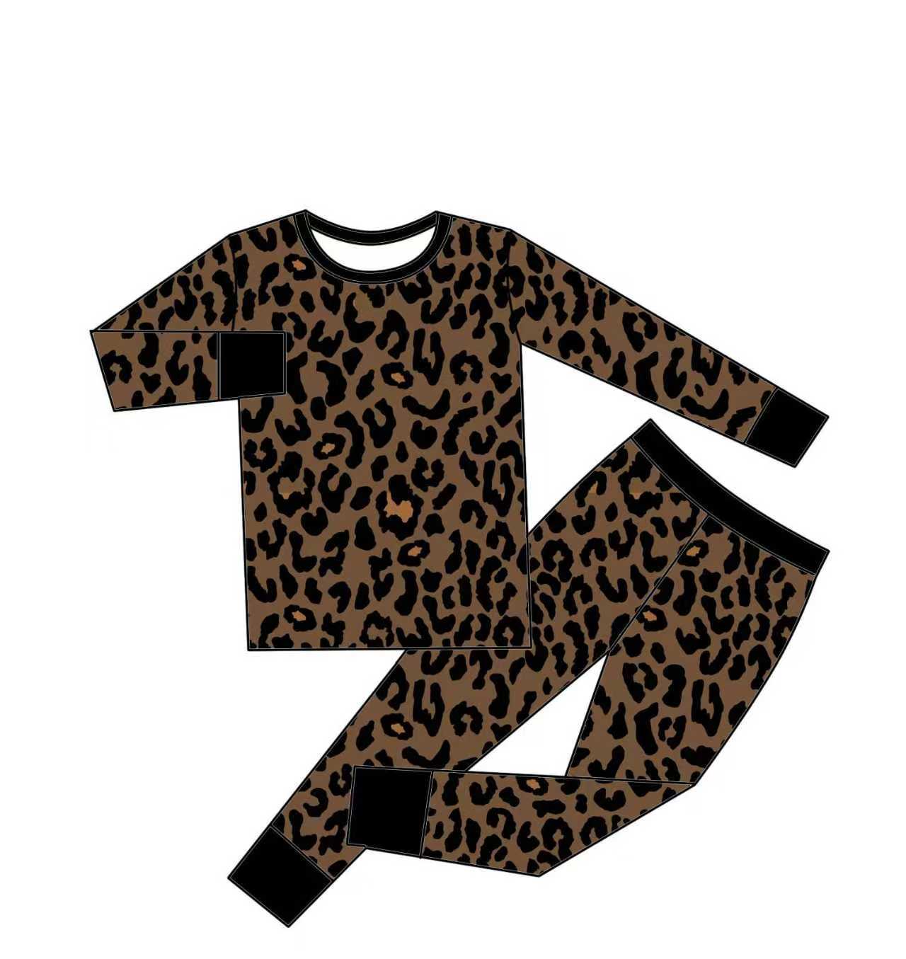 (Custom Design Preorder MOQ 5)  Brown Leopard Print Girls Pajamas Clothes Set