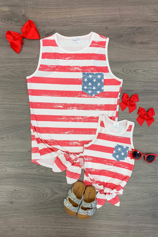 (Custom Design Preorder MOQ 5 Each Design) Red Stripes Stars Pocket Sleeveless 4th of July Tee Shirts Top Mom and Me Matching Clothes