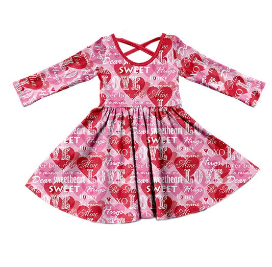 (Custom Design Preorder MOQ 5) Sweet LOVE Heart Print Girls Knee Length Valentine's Dress