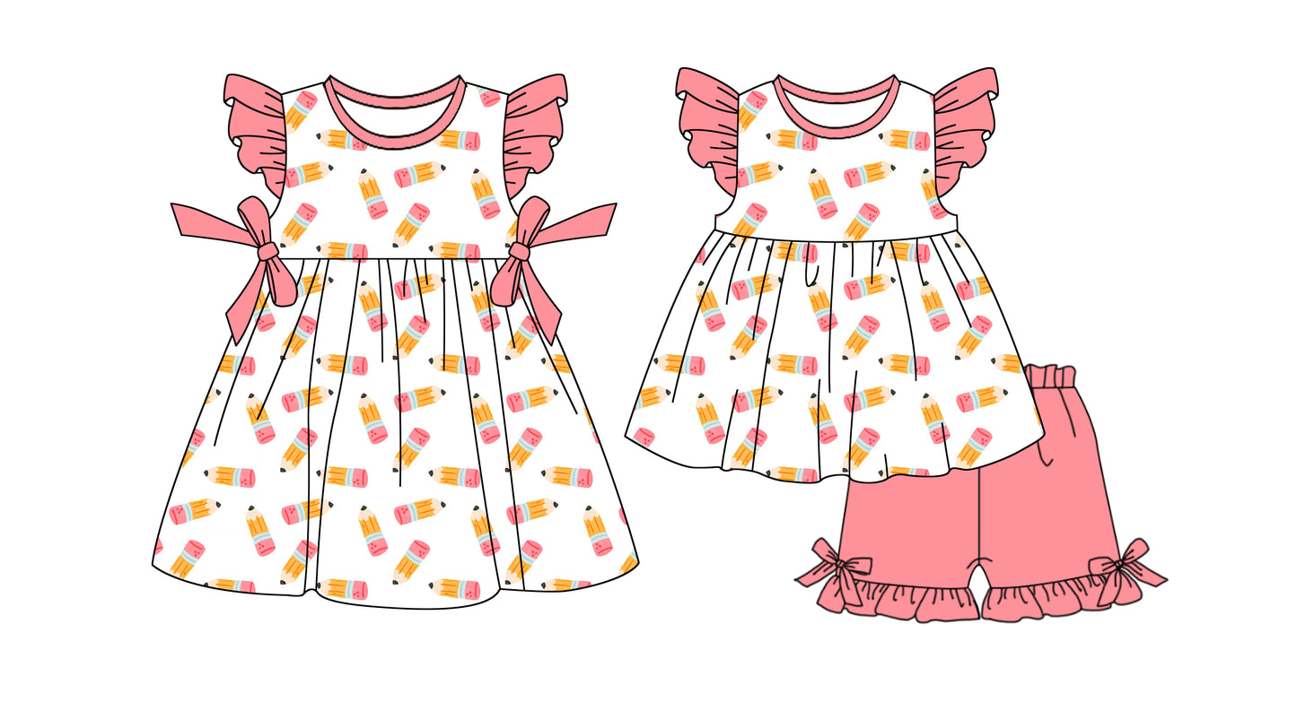 1.7(Custom Design Preorder MOQ 5 Each Design)  Pen Pink Plaid Print Girls Back to School Matching Clothes Sisters Wear