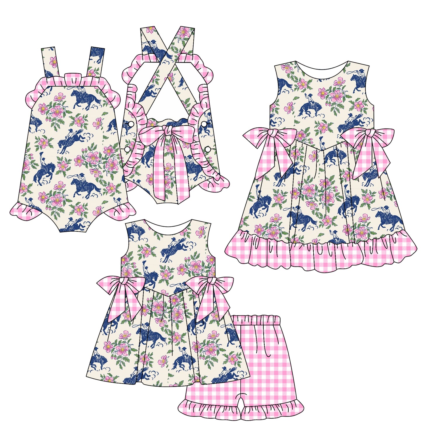 3.7(Custom Design Preorder MOQ 5 Each Design) Rodeo Flowers Western Print Girls Summer Matching Clothes Sisters Wear