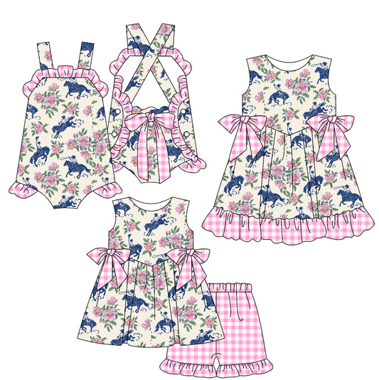 3.7(Custom Design Preorder MOQ 5 Each Design) Rodeo Flowers Western Print Girls Summer Matching Clothes Sisters Wear
