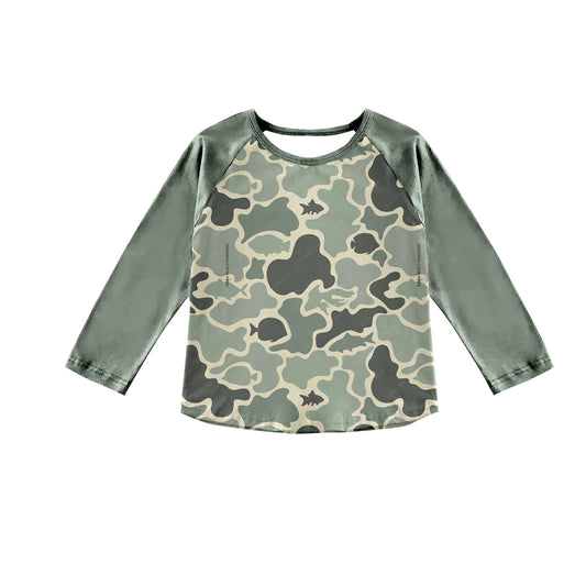 (Custom Design Preorder MOQ 5)  Green Camo Fish Print Kids Long Sleeve Tee Shirts Top