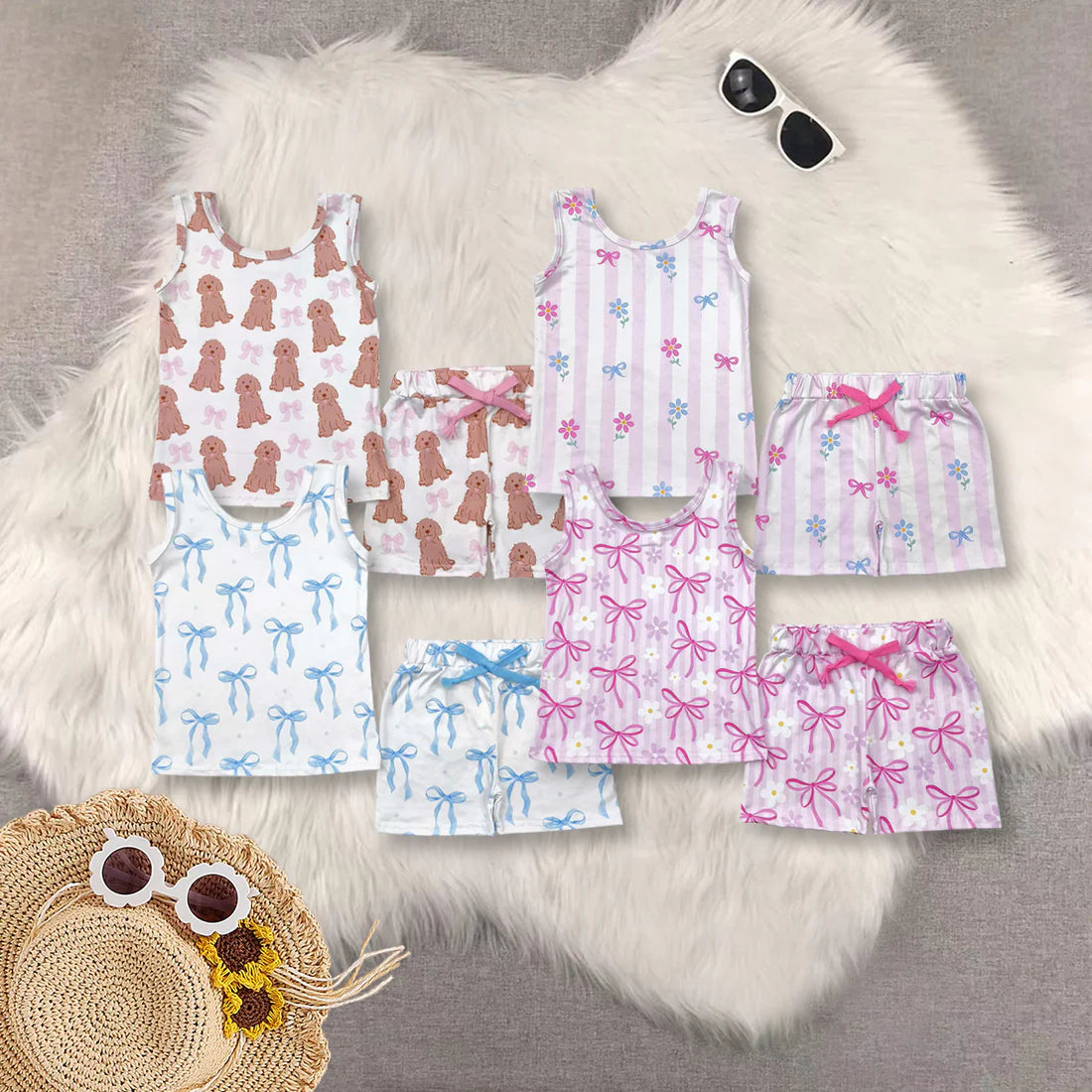 4 Colors Bows Print Tank Top Shorts Girls Summer Clothes Set Sisters Wear