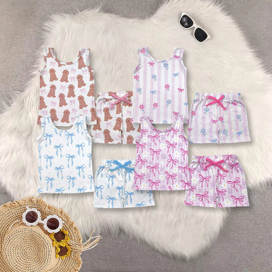 4 Colors Bows Print Tank Top Shorts Girls Summer Clothes Set Sisters Wear