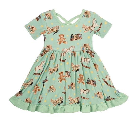 (Custom Design Preorder MOQ 5) Toys Green Print Girls Summer Knee Length Dress