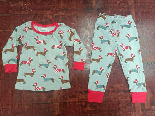 (Custom Design Preorder MOQ 5) Dog Print Boys Christmas Pajamas Clothes Set