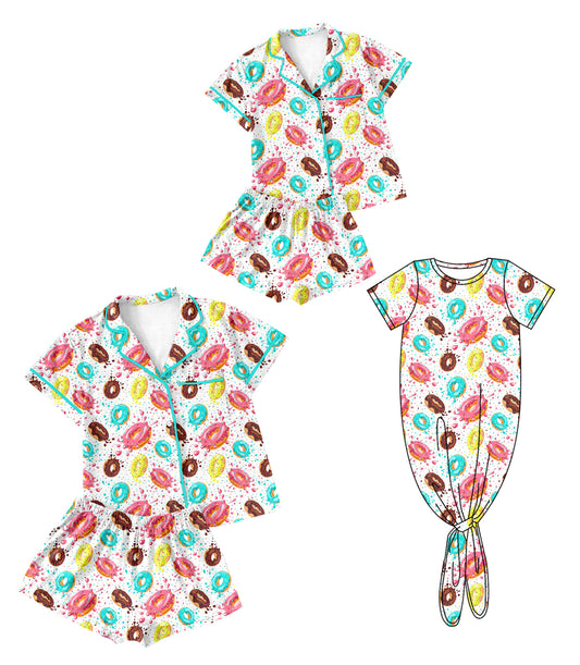 1.6(Custom Design Preorder MOQ 5 Each Design) Doughnut Print Buttons Pajamas Sets Mom and Me Summer Matching Clothes