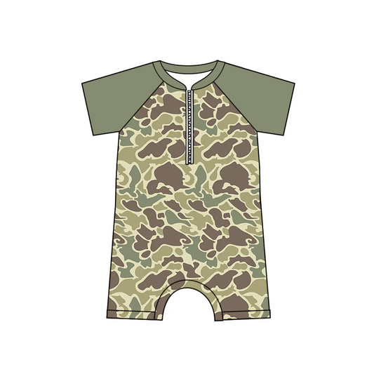 (Custom Design Preorder MOQ 5)  Green Camo Print Boys 1 Piece Zipper Swimsuits