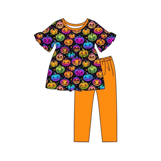 (Custom Design Preorder MOQ 5) Colorful Pumpkin Tunic Top Orange Pants Girls Halloween Clothes Set