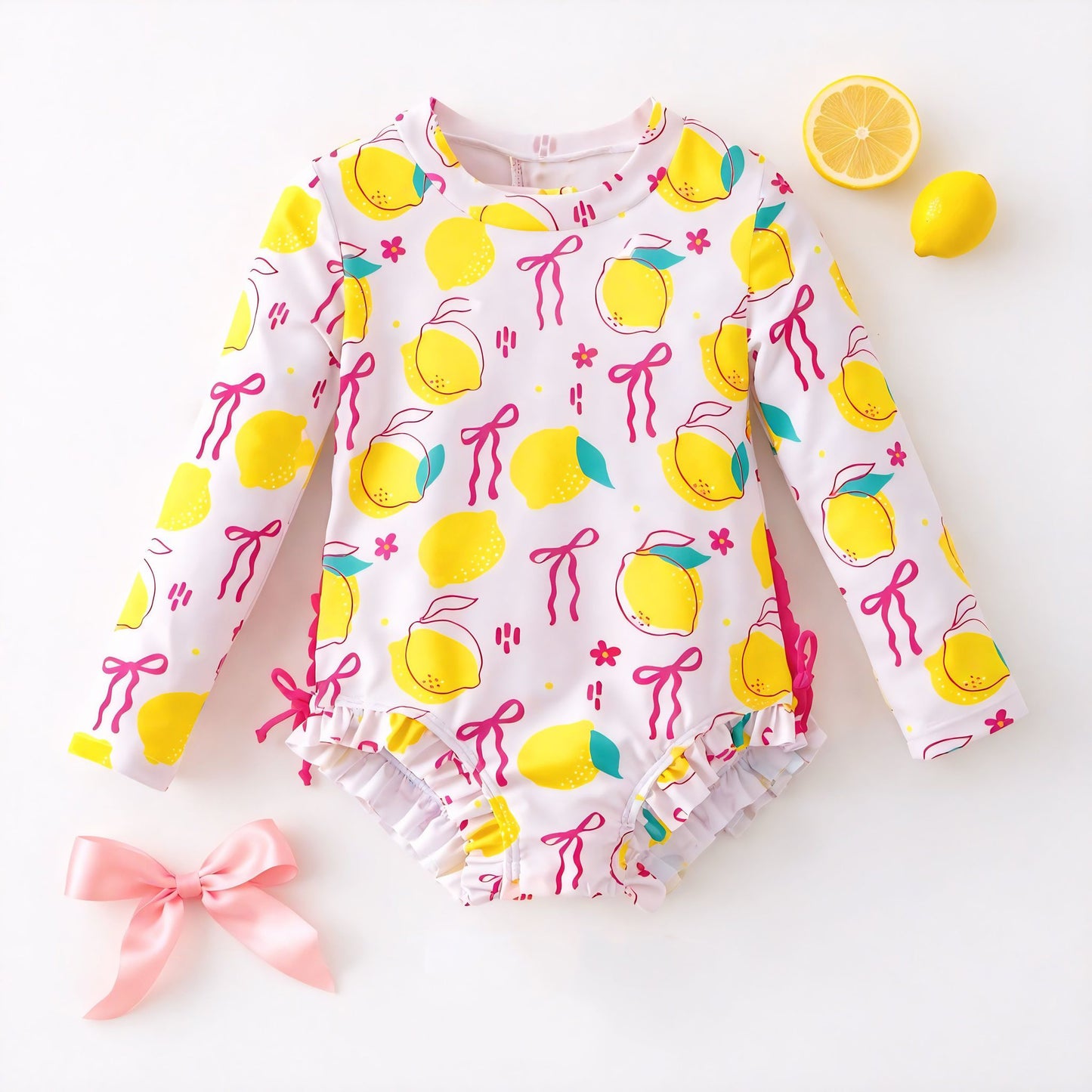 (Custom Design Preorder MOQ 5) Lemon Bows Print Girls 1 Piece Swimsuits