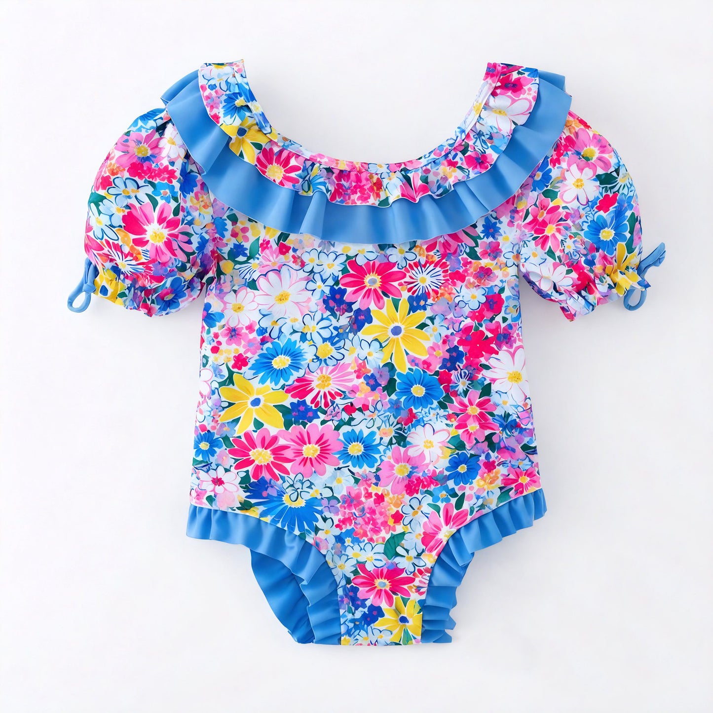 (Custom Design Preorder MOQ 5) Colorful Flowers Print Girls 1 Piece Swimsuits