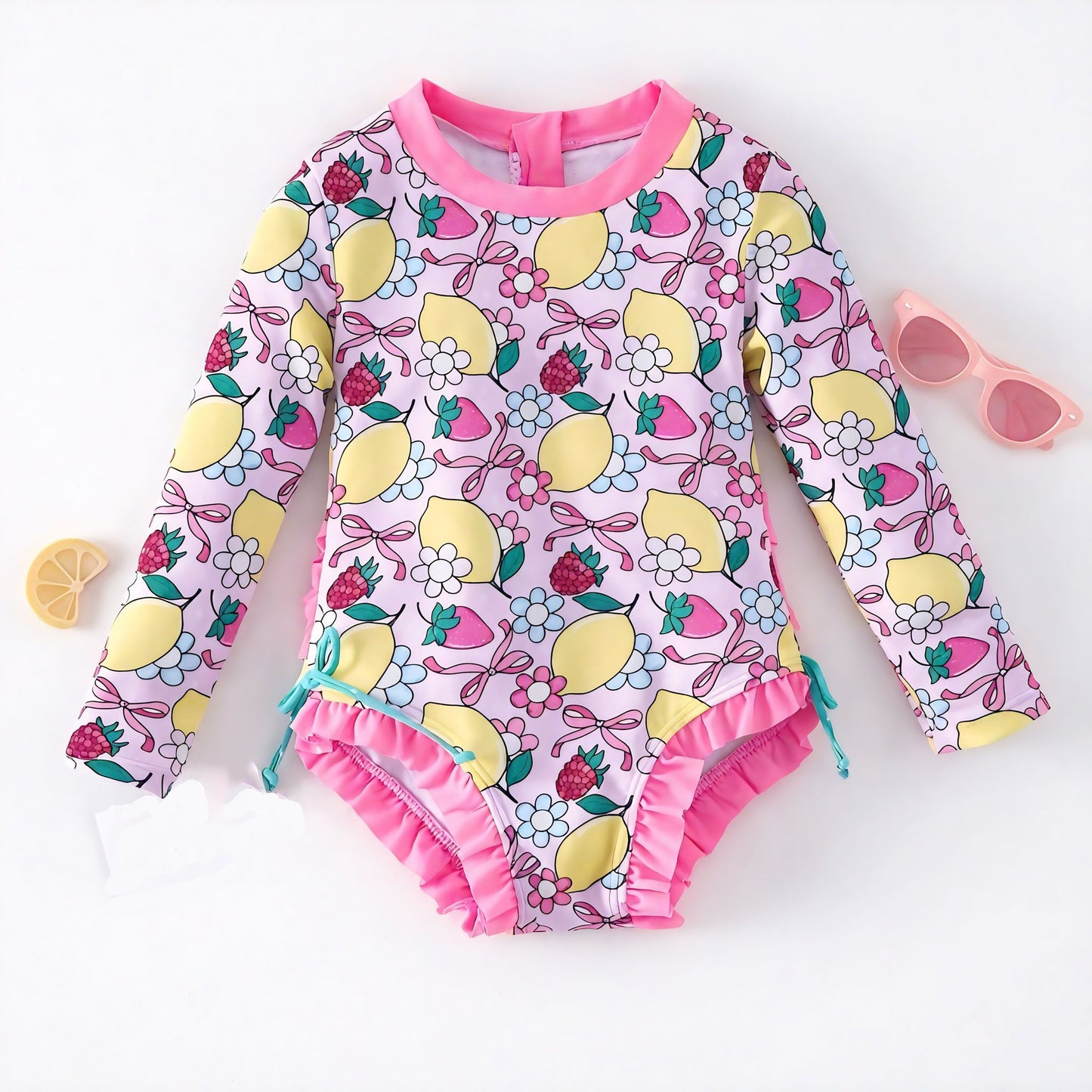 (Custom Design Preorder MOQ 5) Lemon Strawberry Bows Print Girls 1 Piece Swimsuits