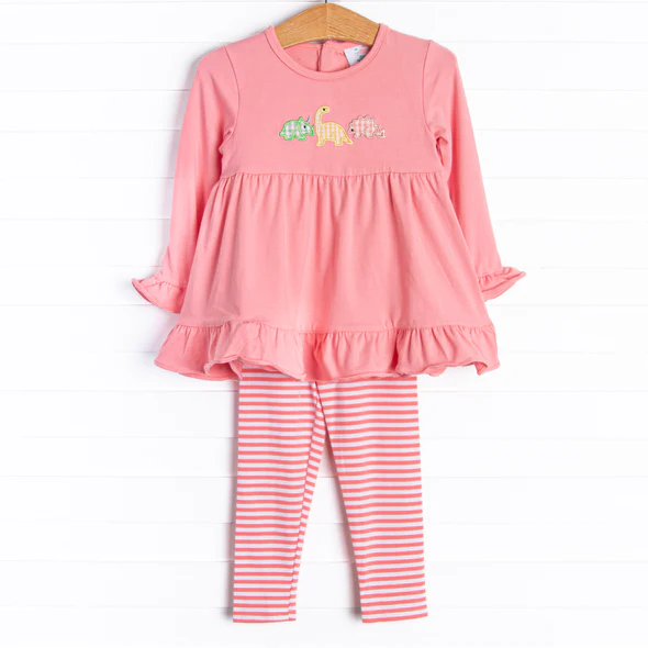 (Custom Design Preorder MOQ 5) Dino Pink Tunic Top Stripes Pants Girls Fall Clothes Set