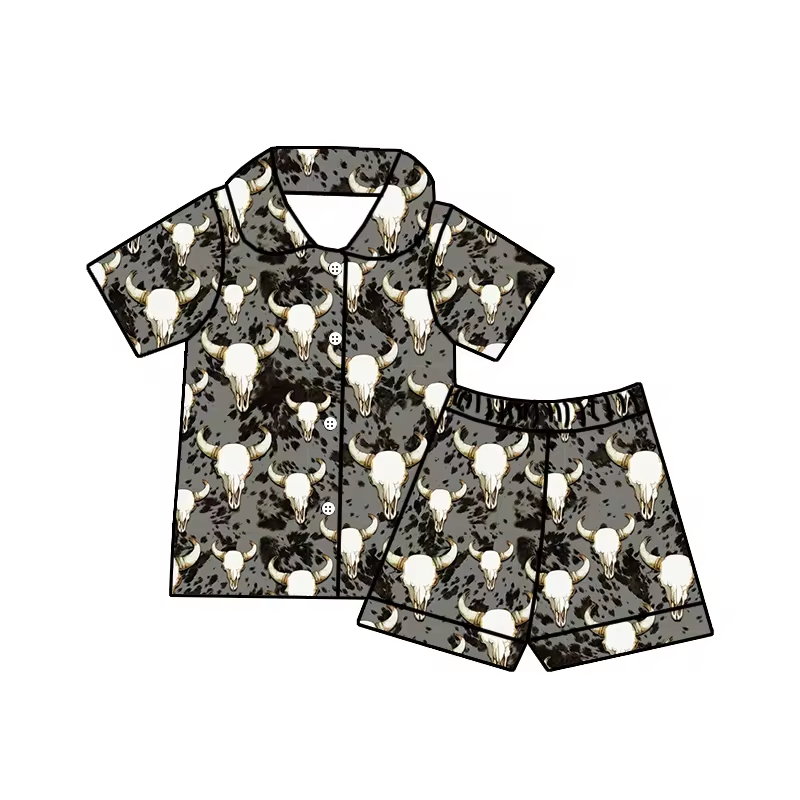 (Custom Design Preorder MOQ 5)  Cow Skull Print Kids Summer Pajamas Western Clothes Set