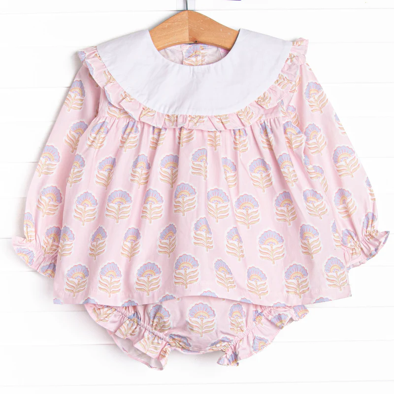 (Custom Design Preorder MOQ 5) Flowers Pink Tunic Top Shorts Baby Girls Bummie Set