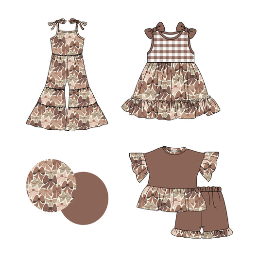 2.22(Custom Design Preorder MOQ 5 Each Design) Brown Bows Print Girls Summer Matching Clothes Sisters Wear