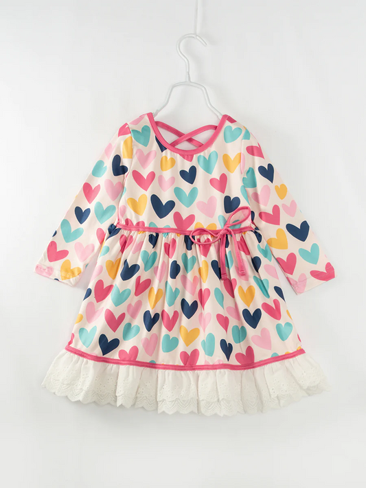 (Custom Design Preorder MOQ 5) Colorful Heart Print Girls Valentine's Knee Length Dress