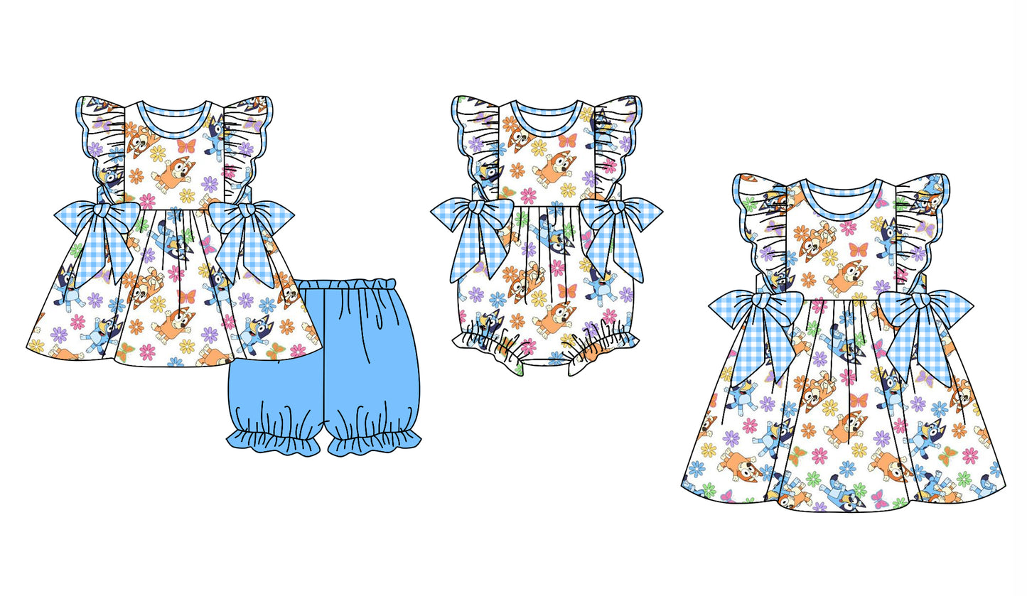 11.29(Custom Design Preorder MOQ 5 Each Design) Cartoon Dog Flowers Print Girls Summer Matching Clothes Sisters Wear