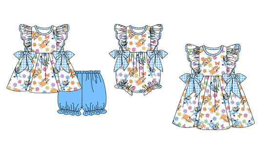 11.29(Custom Design Preorder MOQ 5 Each Design) Cartoon Dog Flowers Print Girls Summer Matching Clothes Sisters Wear